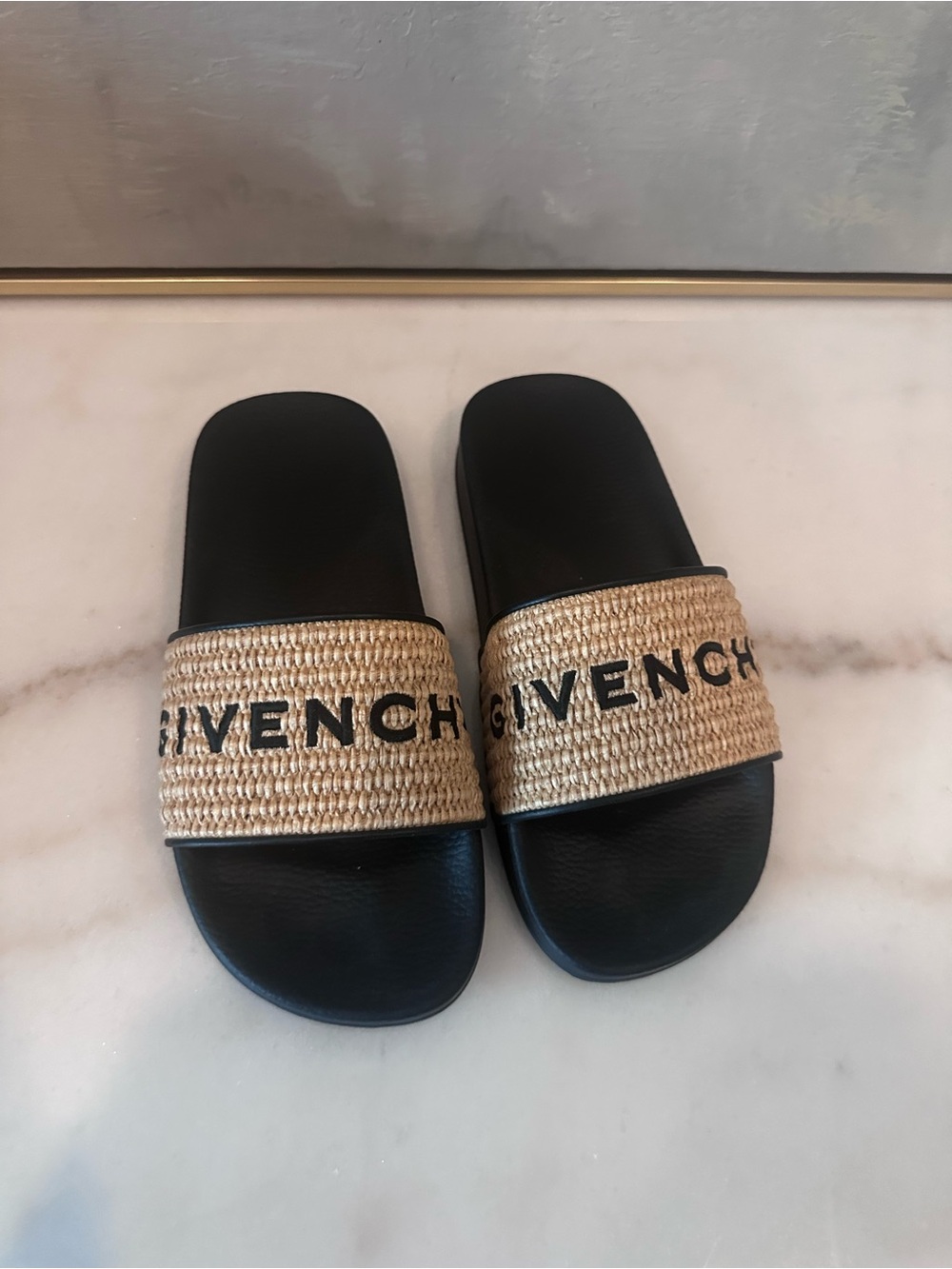 Givenchy Black and Natural Raffia Logo Slide Sandals